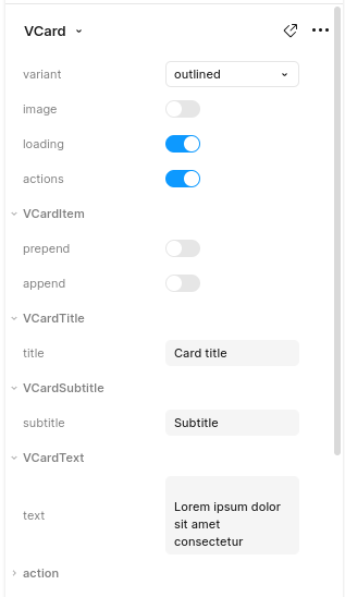 Propiedades de Vuetify Card en Figma